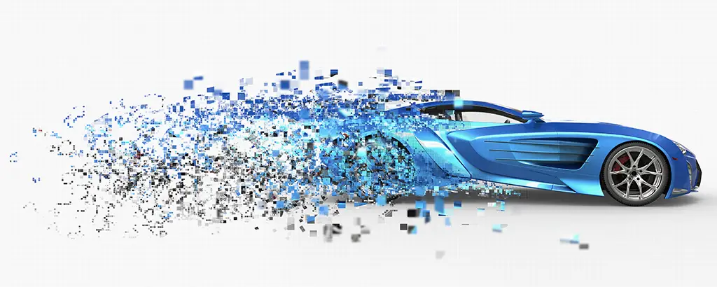 Blaues Auto zerfällt in viele Pixel